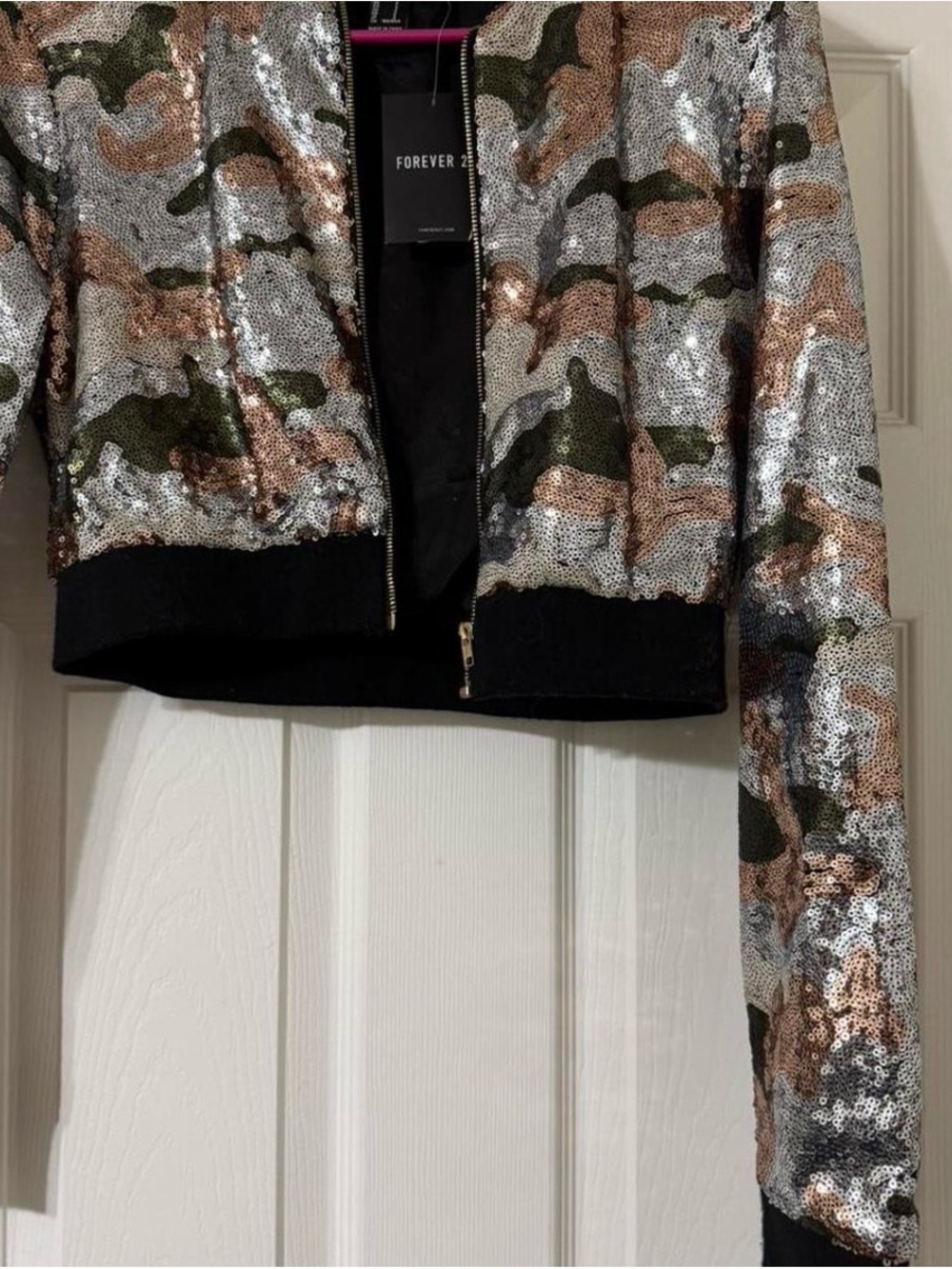 Forever 21 Sequin Camo Bomber Jacket - Silver, Rose Gold & Green
